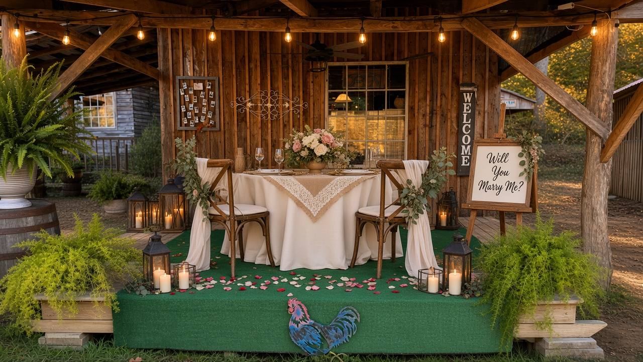 Concept image: a candlelit table for two on the tap room porch with a Will You Marry Me? sign