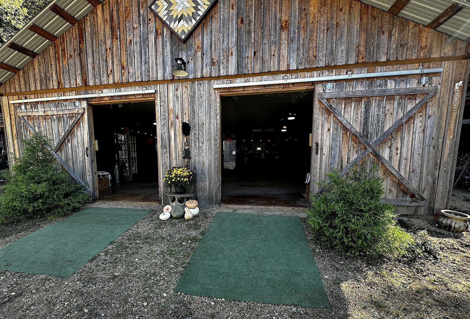 The barn front with its doors open at Riverside Farm Venue, Stokes County NC
