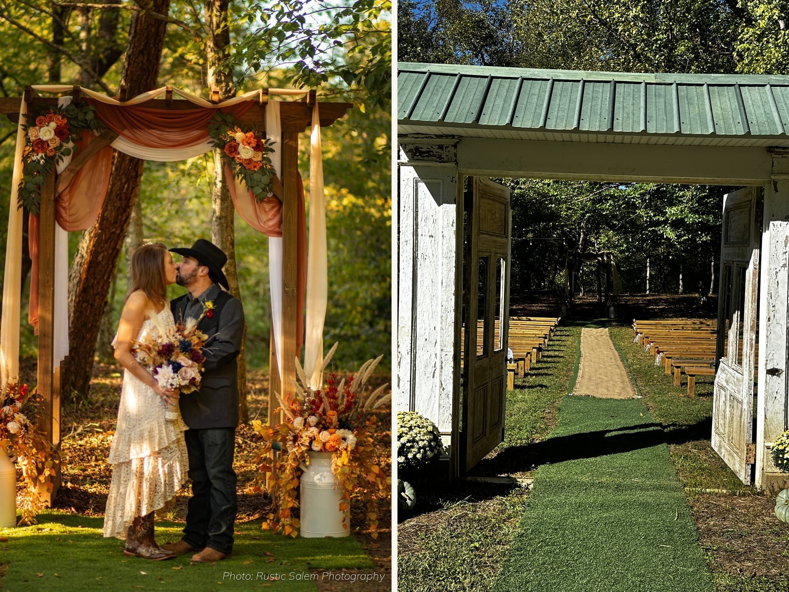 Couple under the wooden ceremony arch, and the big white barn doors opening onto the aisle and wooden benches